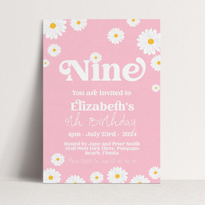 Daisy 9th Birthday Invitation Editable Template Yellow Daisy Invite For Her 9 Year Old Retro Invite Party Celebration Digital Download