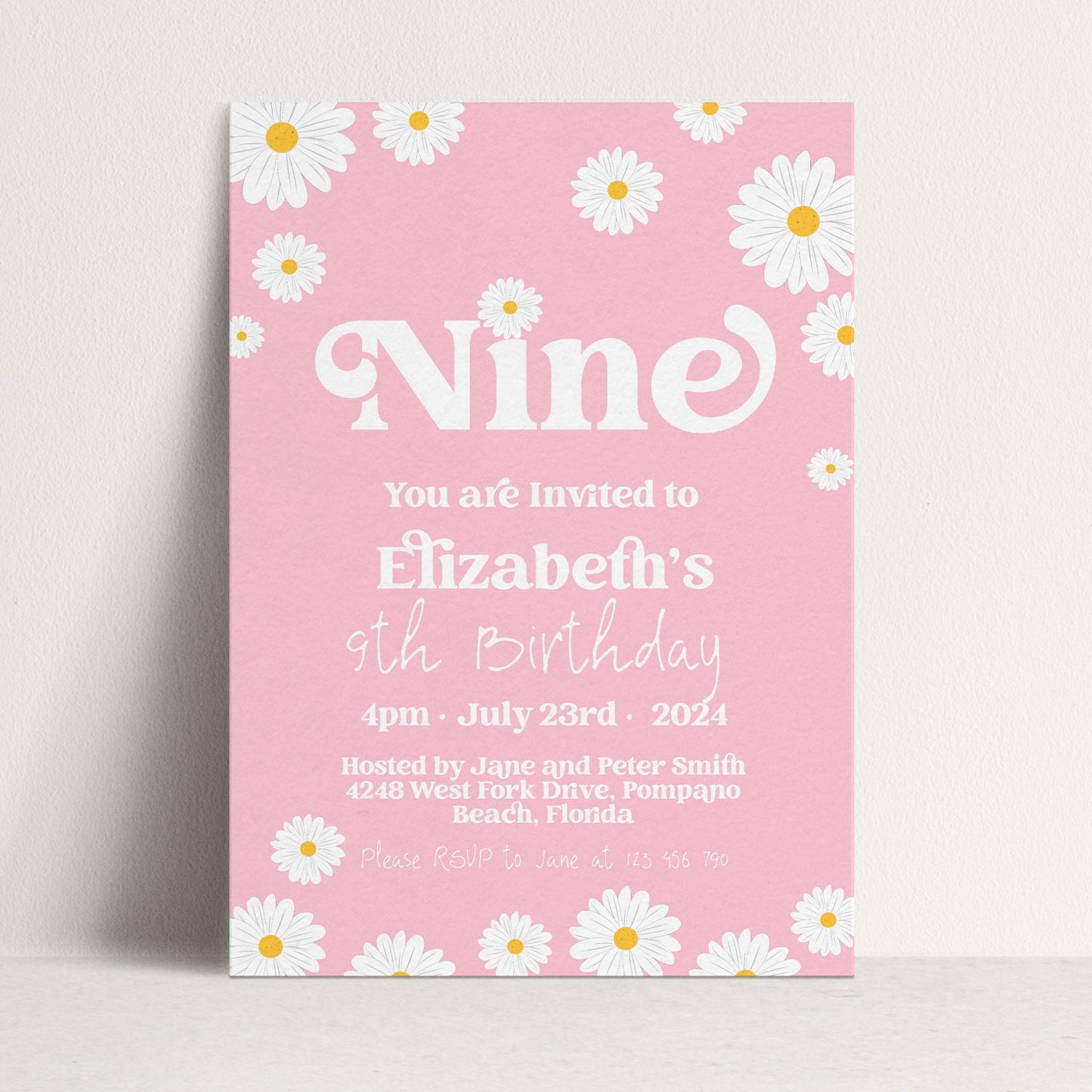 Editable Daisy 9th Birthday Invitation Editable Template Pink Invite For Her 9 Year Old Retro Invite Party Celebration Digital Download