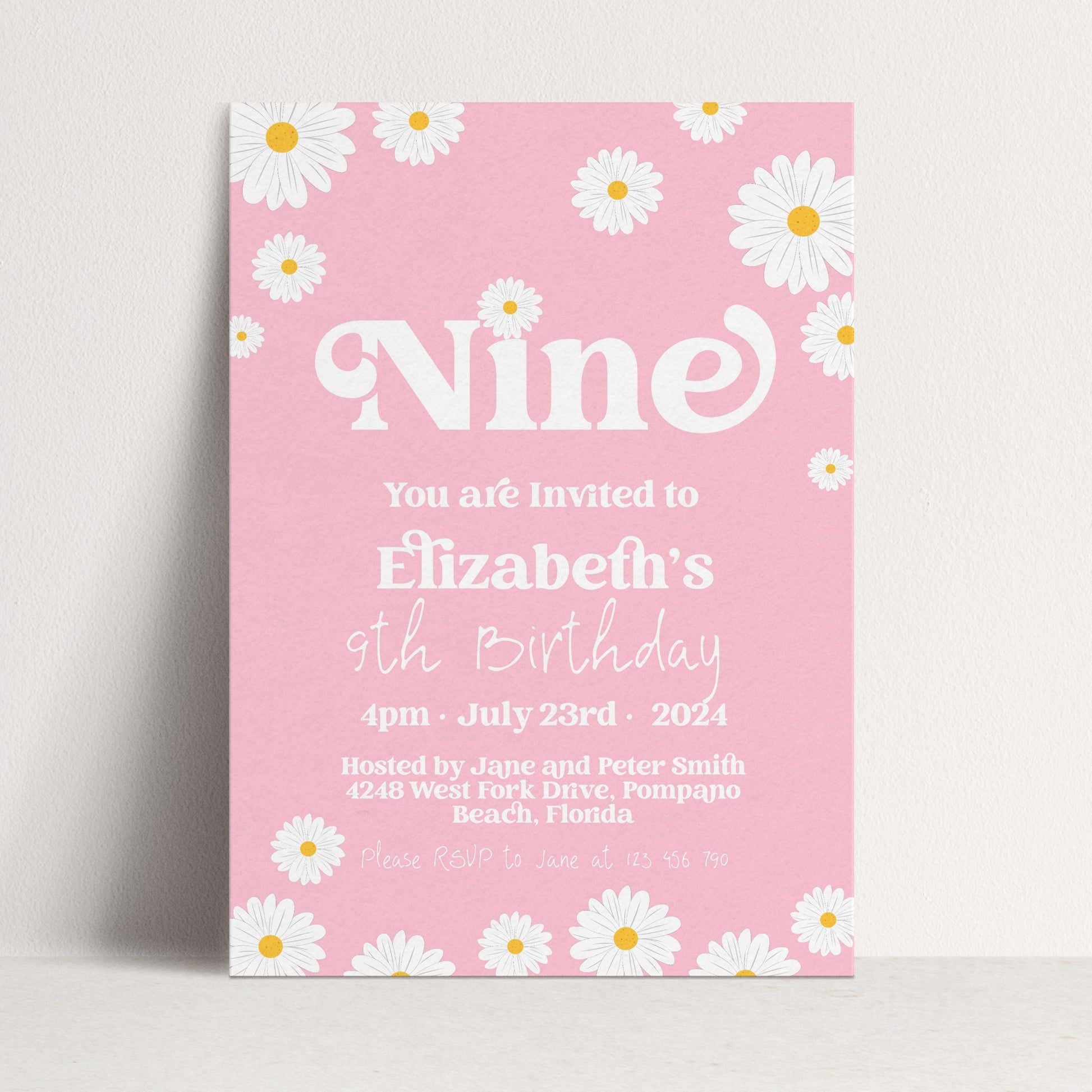 Editable Daisy 9th Birthday Invitation Editable Template Pink Invite For Her 9 Year Old Retro Invite Party Celebration Digital Download