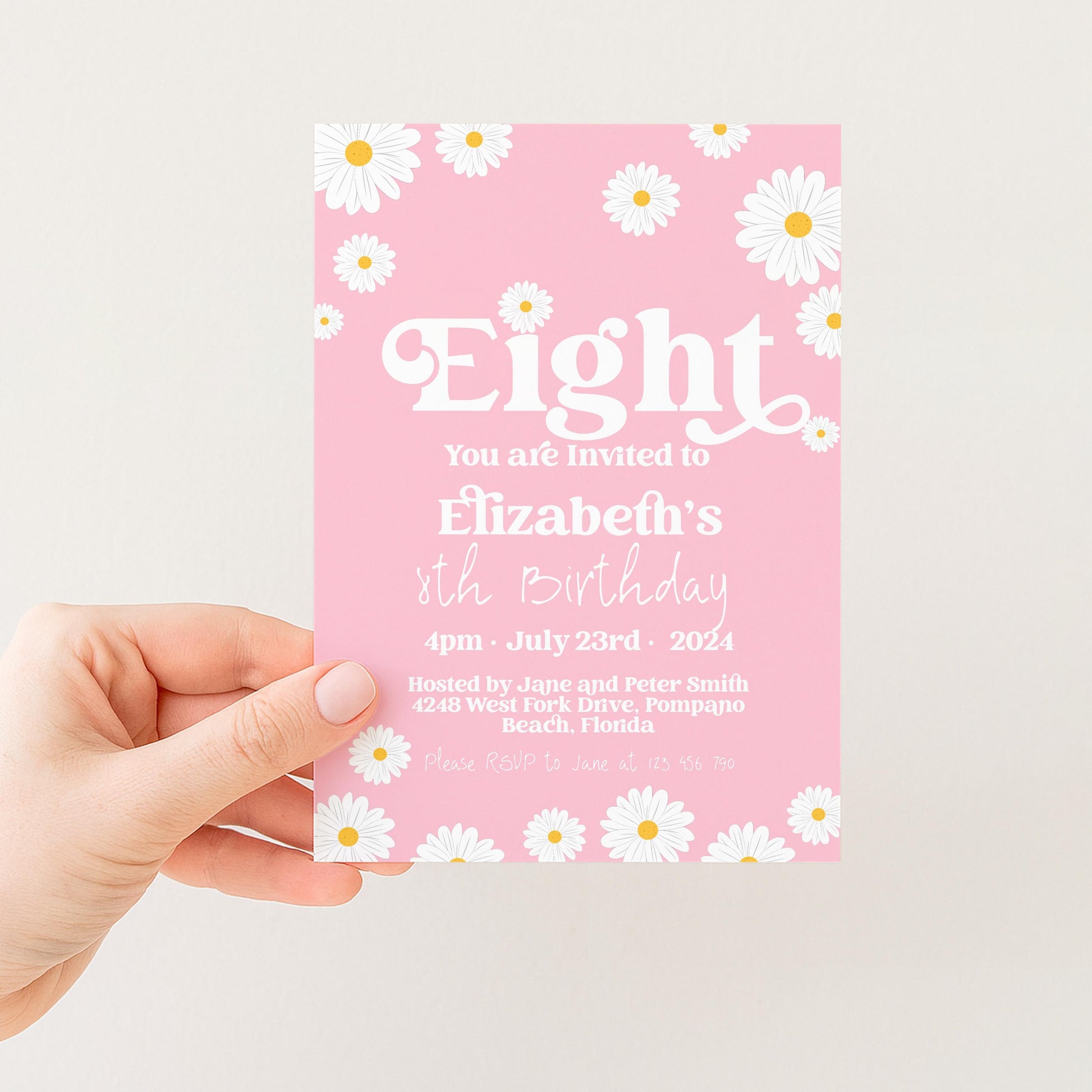 Daisy 8th Birthday Invitation for Girls – Pink Floral Editable Party Invite – Printable Template for Kids Birthday – Instant Download