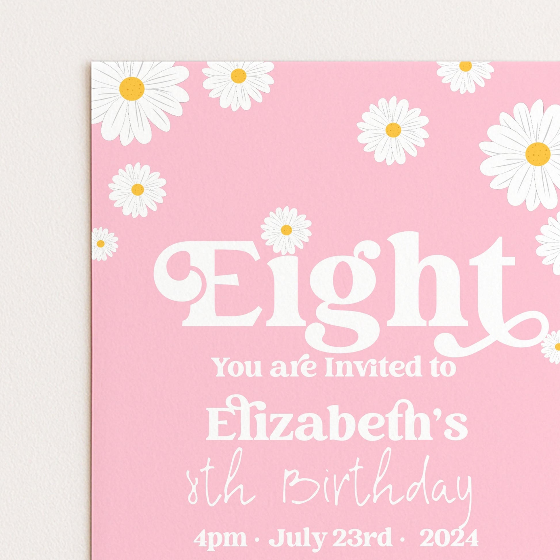 Daisy 8th Birthday Invitation for Girls – Pink Floral Editable Party Invite – Printable Template for Kids Birthday – Instant Download