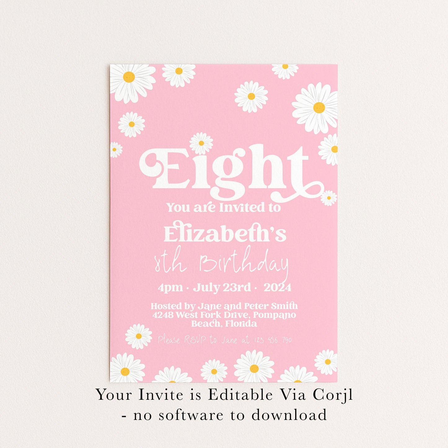 Daisy 8th Birthday Invitation for Girls – Pink Floral Editable Party Invite – Printable Template for Kids Birthday – Instant Download