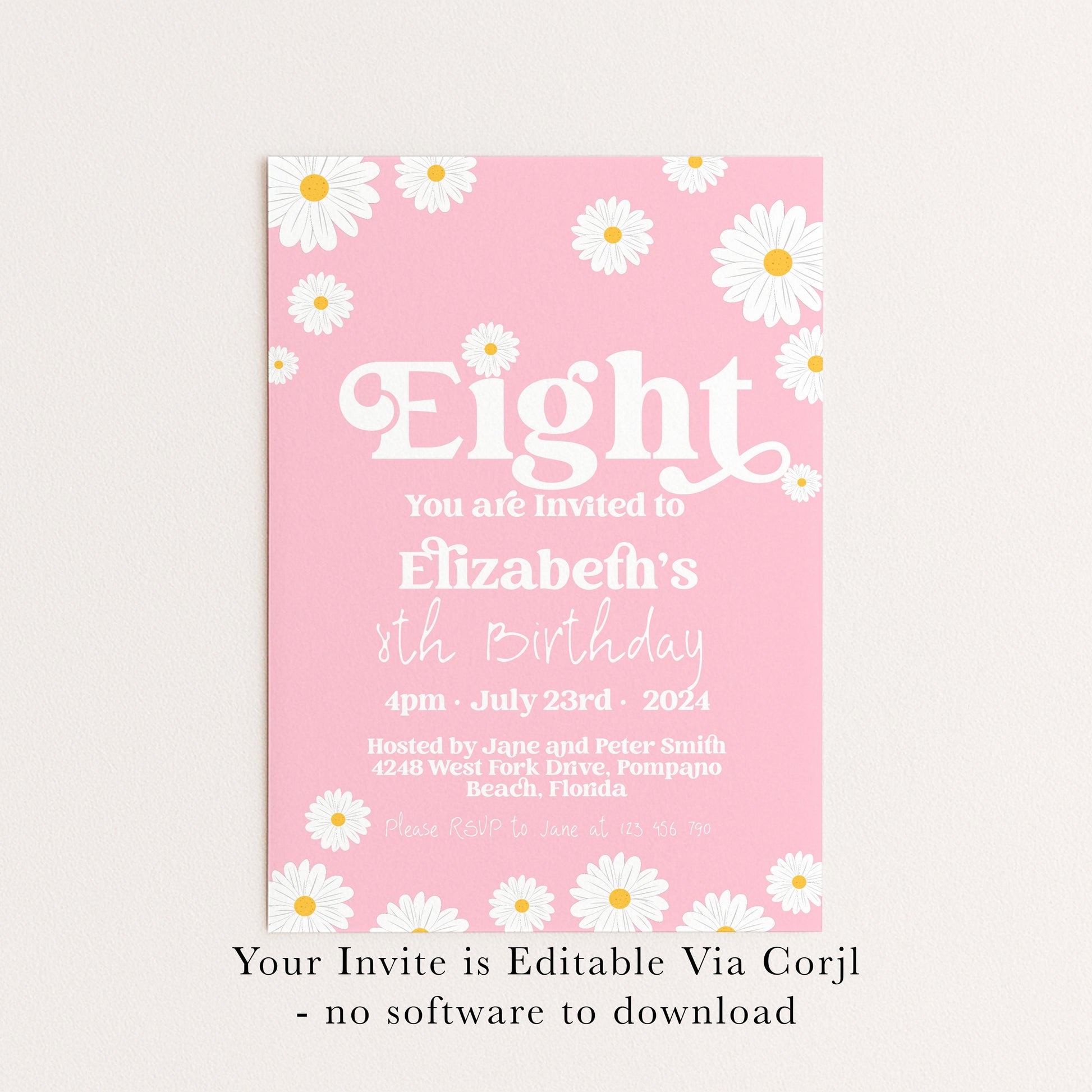 Daisy 8th Birthday Invitation for Girls – Pink Floral Editable Party Invite – Printable Template for Kids Birthday – Instant Download