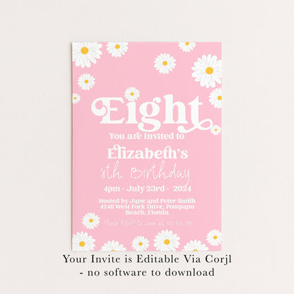 Daisy 8th Birthday Invitation for Girls – Pink Floral Editable Party Invite – Printable Template for Kids Birthday – Instant Download