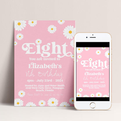 Daisy 8th Birthday Invitation for Girls – Pink Floral Editable Party Invite – Printable Template for Kids Birthday – Instant Download