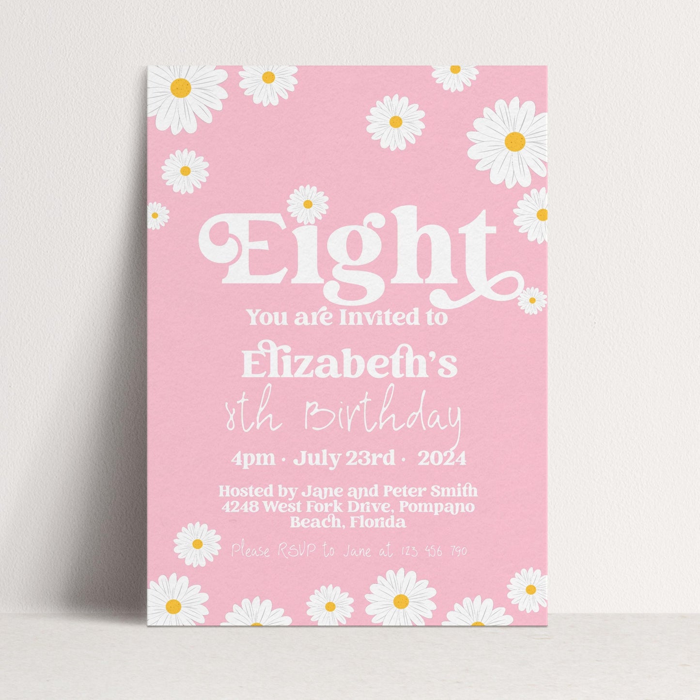 Daisy 8th Birthday Invitation for Girls – Pink Floral Editable Party Invite – Printable Template for Kids Birthday – Instant Download