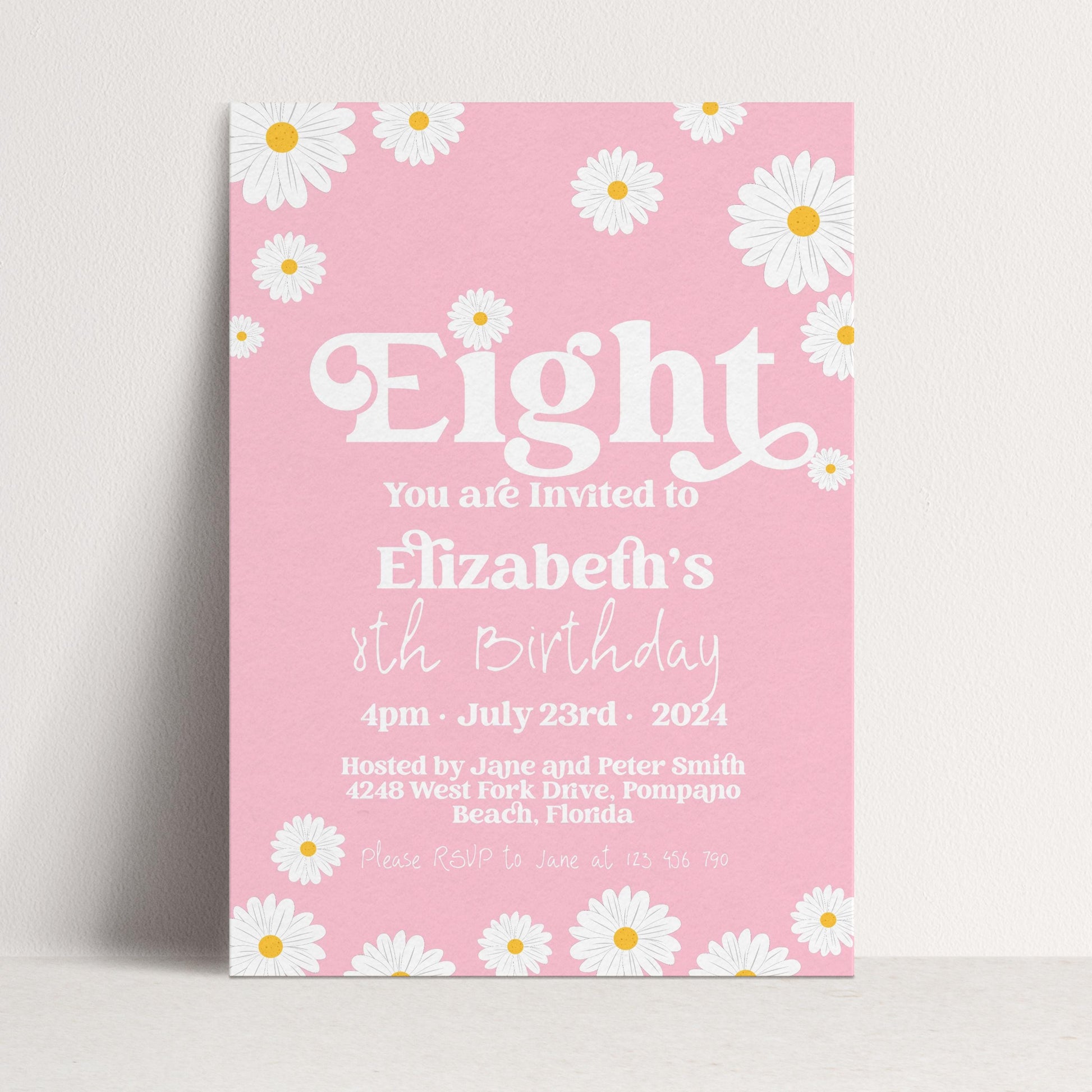Daisy 8th Birthday Invitation for Girls – Pink Floral Editable Party Invite – Printable Template for Kids Birthday – Instant Download