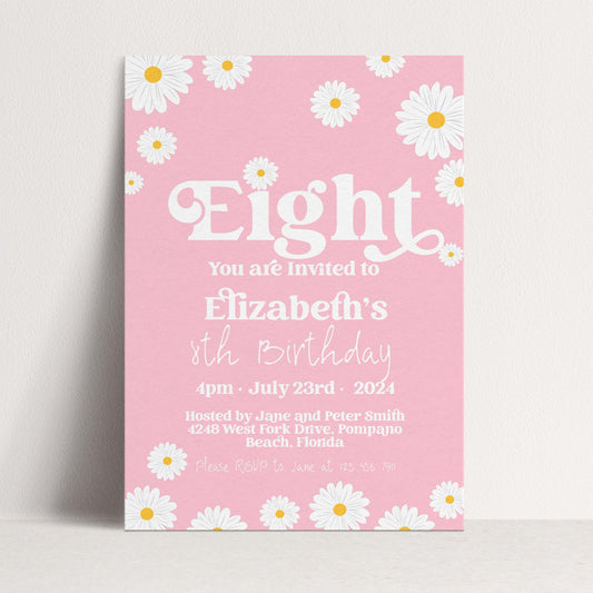 Daisy 8th Birthday Invitation for Girls – Pink Floral Editable Party Invite – Printable Template for Kids Birthday – Instant Download