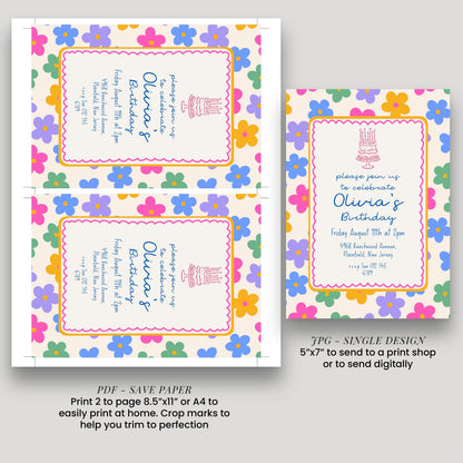 Daisy Birthday Invitation, Colourful Floral Birthday Party Invite, Retro Flower Birthday Invitation, Editable Printable Party Template