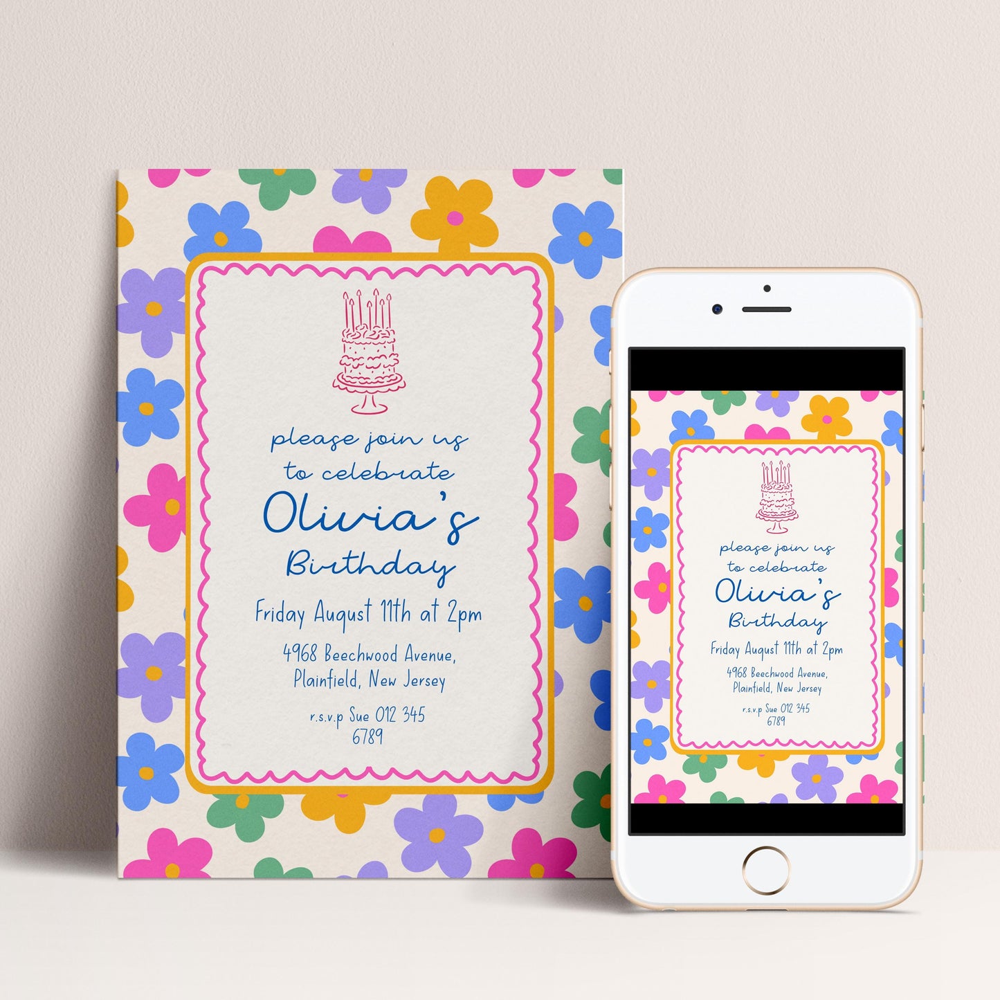 Daisy Birthday Invitation, Colourful Floral Birthday Party Invite, Retro Flower Birthday Invitation, Editable Printable Party Template