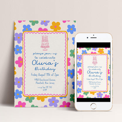 Daisy Birthday Invitation, Colourful Floral Birthday Party Invite, Retro Flower Birthday Invitation, Editable Printable Party Template