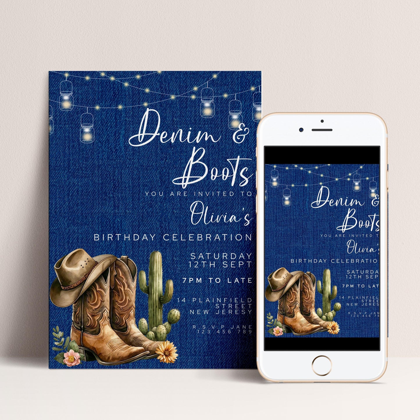 Denim & Boots Editable Birthday Invitation – Rustic Country Western Corjl Template, Cactus Cowgirl Party, Printable Instant Download