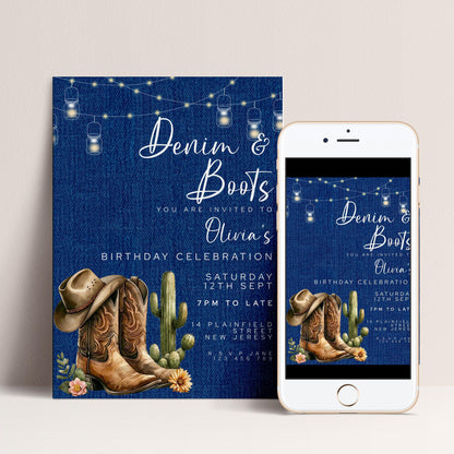 Denim & Boots Editable Birthday Invitation – Rustic Country Western Corjl Template, Cactus Cowgirl Party, Printable Instant Download