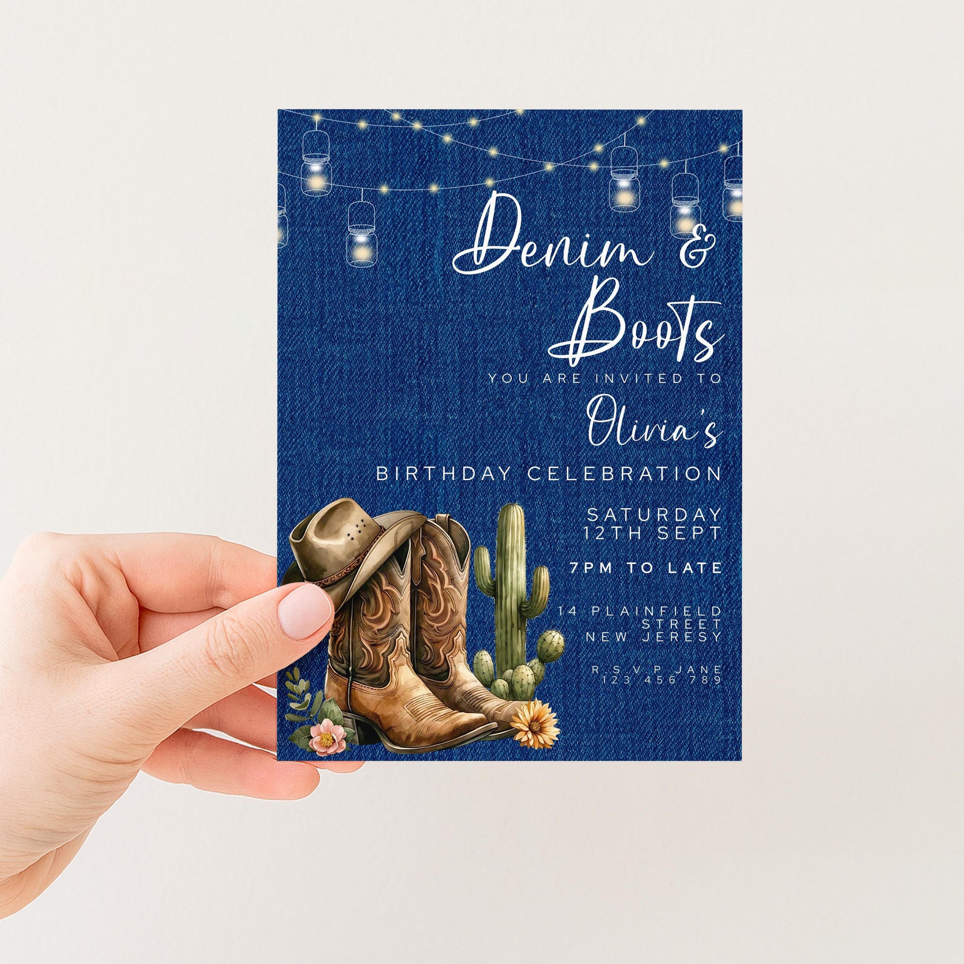 Denim & Boots Editable Birthday Invitation – Rustic Country Western Corjl Template, Cactus Cowgirl Party, Printable Instant Download