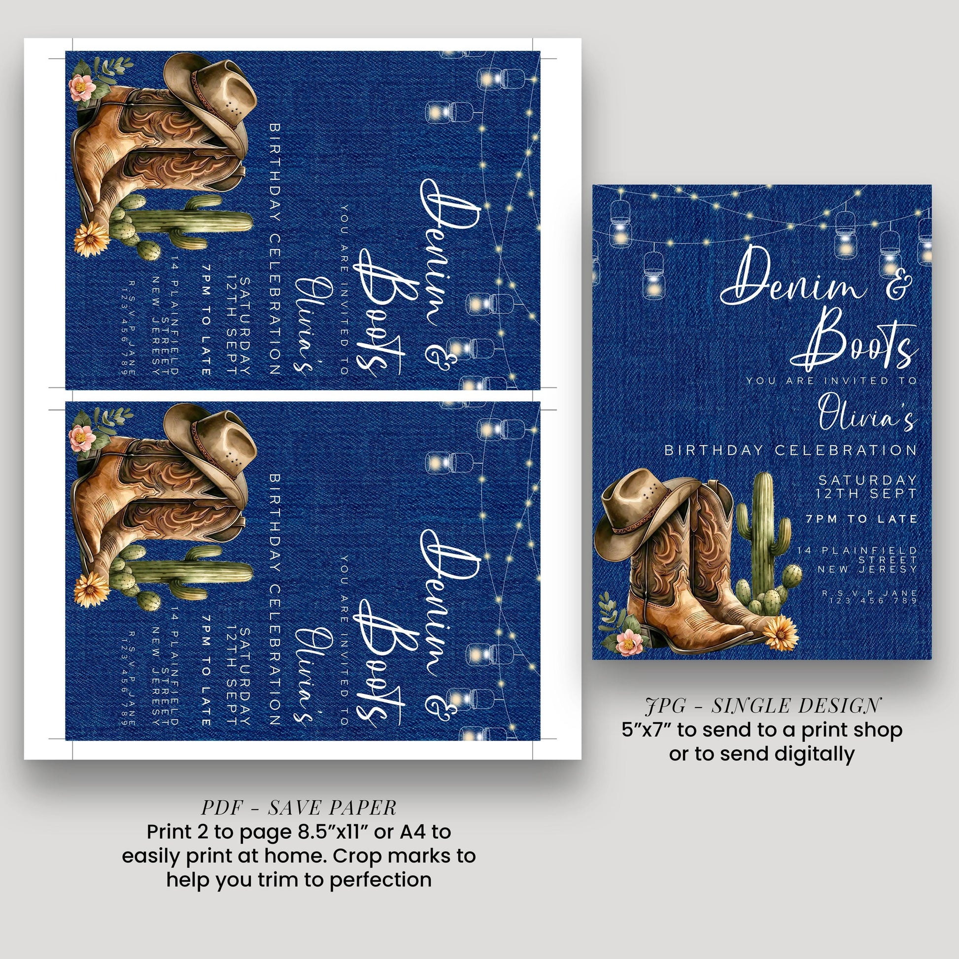 Denim & Boots Editable Birthday Invitation – Rustic Country Western Corjl Template, Cactus Cowgirl Party, Printable Instant Download