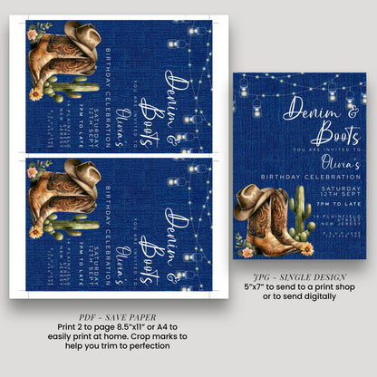 Denim & Boots Editable Birthday Invitation – Rustic Country Western Corjl Template, Cactus Cowgirl Party, Printable Instant Download