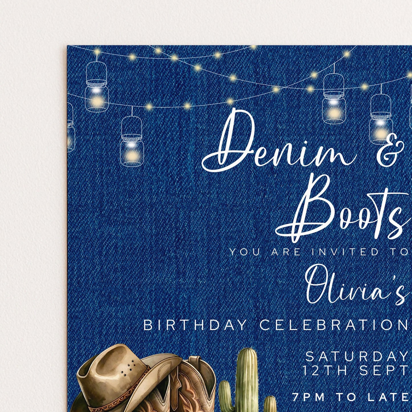 Denim & Boots Editable Birthday Invitation – Rustic Country Western Corjl Template, Cactus Cowgirl Party, Printable Instant Download