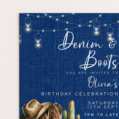 Denim & Boots Editable Birthday Invitation – Rustic Country Western Corjl Template, Cactus Cowgirl Party, Printable Instant Download