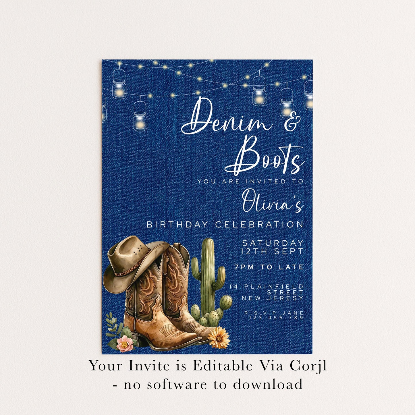 Denim & Boots Editable Birthday Invitation – Rustic Country Western Corjl Template, Cactus Cowgirl Party, Printable Instant Download