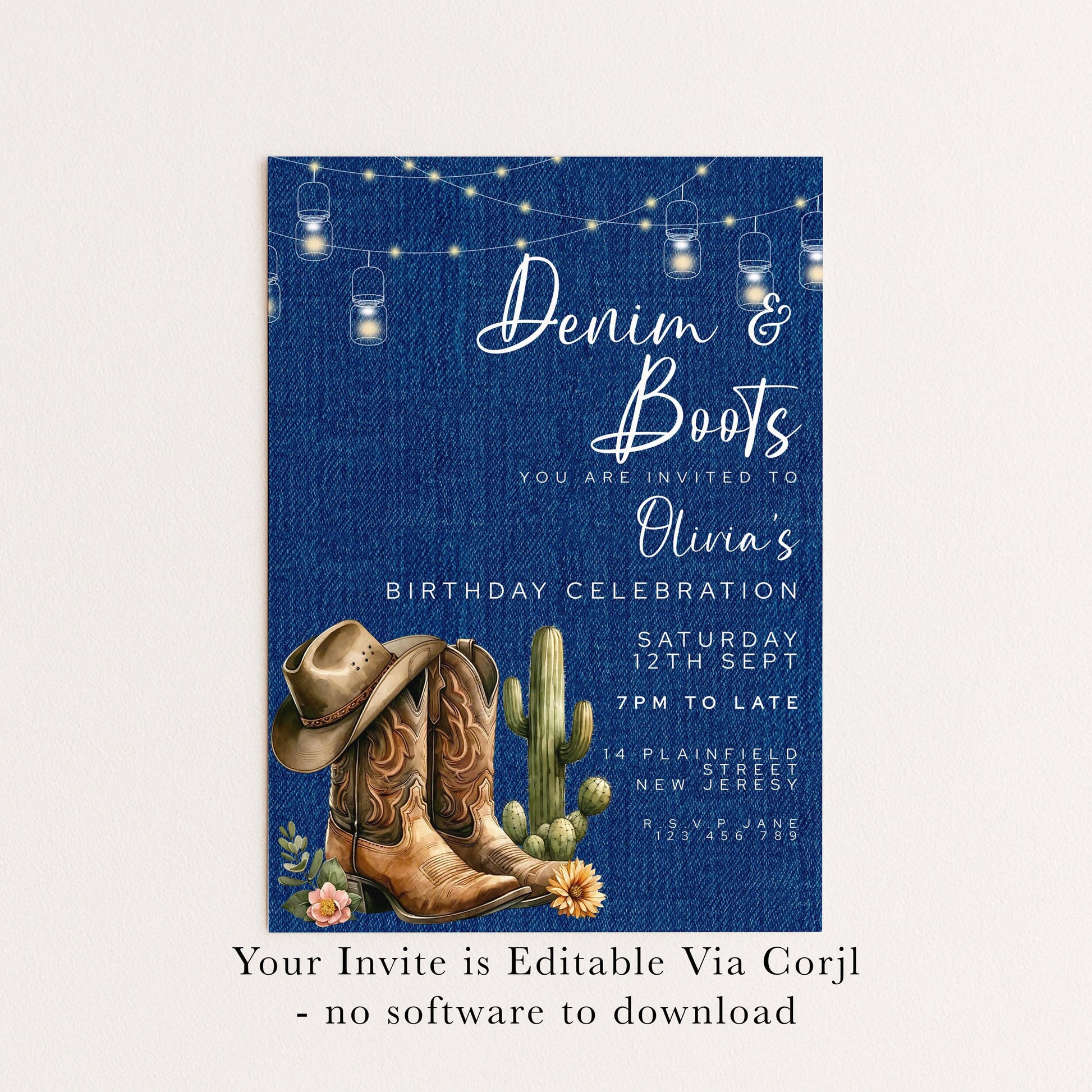 Denim & Boots Editable Birthday Invitation – Rustic Country Western Corjl Template, Cactus Cowgirl Party, Printable Instant Download