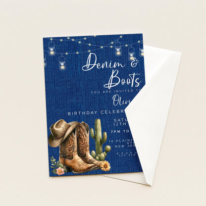 Denim & Boots Editable Birthday Invitation – Rustic Country Western Corjl Template, Cactus Cowgirl Party, Printable Instant Download