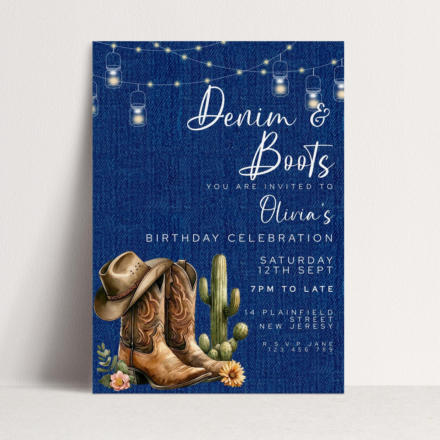 Denim & Boots Editable Birthday Invitation – Rustic Country Western Corjl Template, Cactus Cowgirl Party, Printable Instant Download