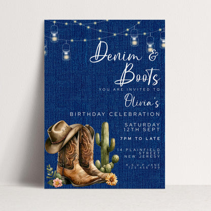 Denim & Boots Editable Birthday Invitation – Rustic Country Western Corjl Template, Cactus Cowgirl Party, Printable Instant Download