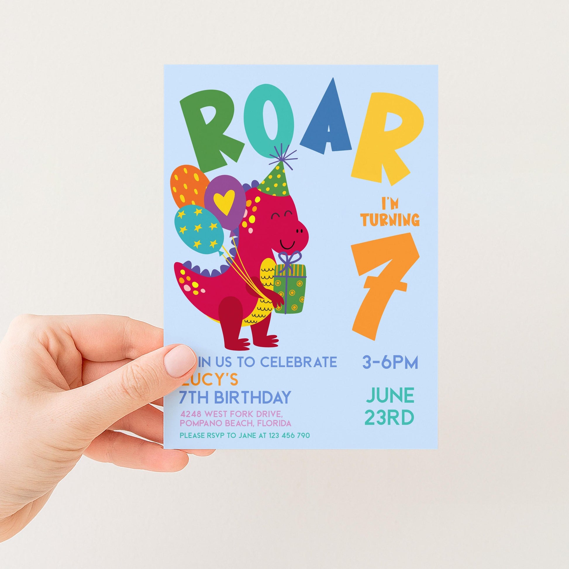 Dinosaur Birthday Invitation Girl or Boy Roar Editable Invite, Dino Party Printable Kids Birthday Corjl Template Change Age Digital Download