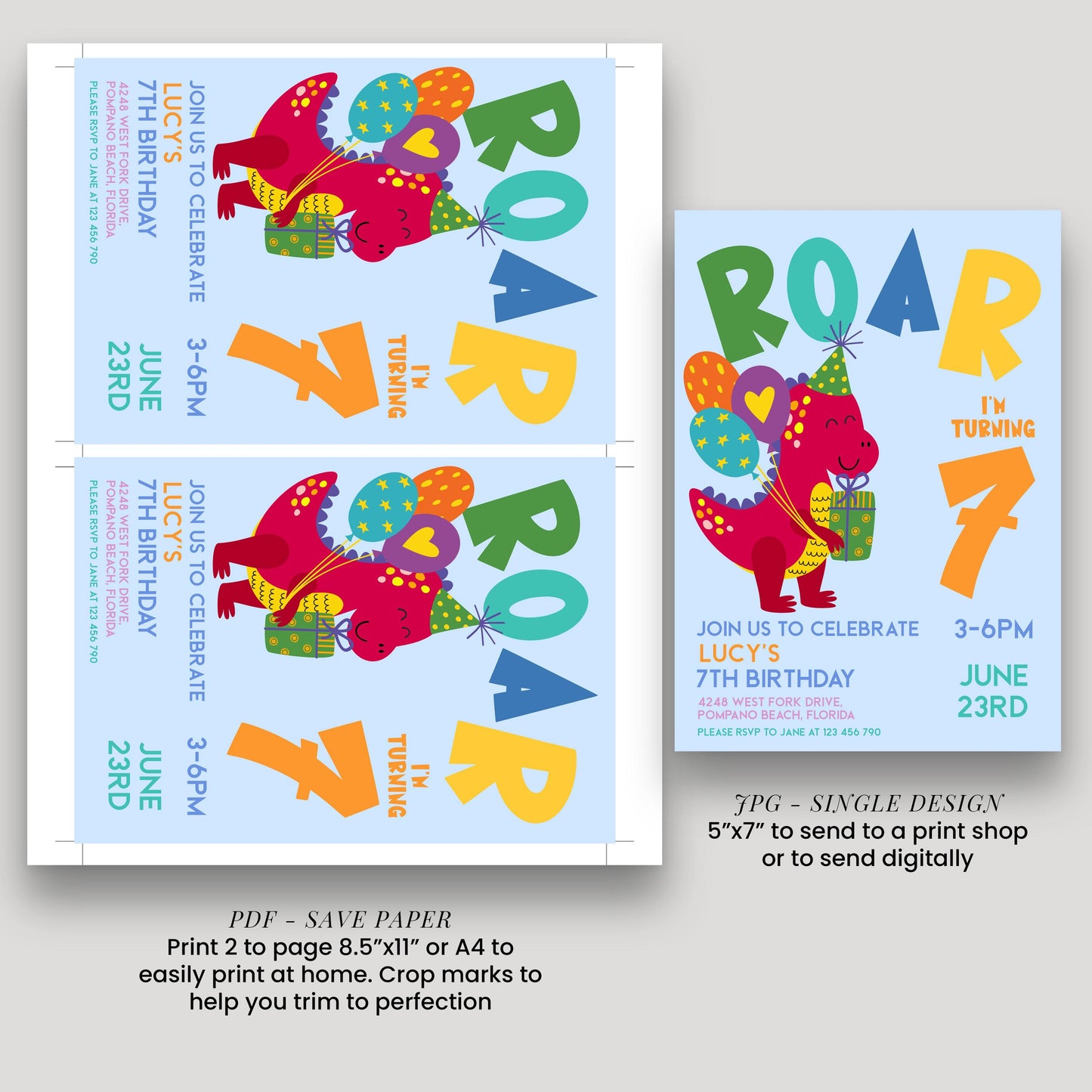 Dinosaur Birthday Invitation Girl or Boy Roar Editable Invite, Dino Party Printable Kids Birthday Corjl Template Change Age Digital Download