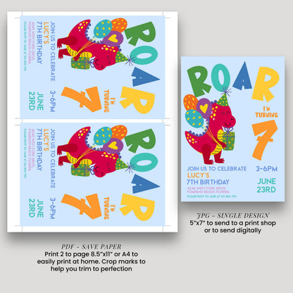Dinosaur Birthday Invitation Girl or Boy Roar Editable Invite, Dino Party Printable Kids Birthday Corjl Template Change Age Digital Download