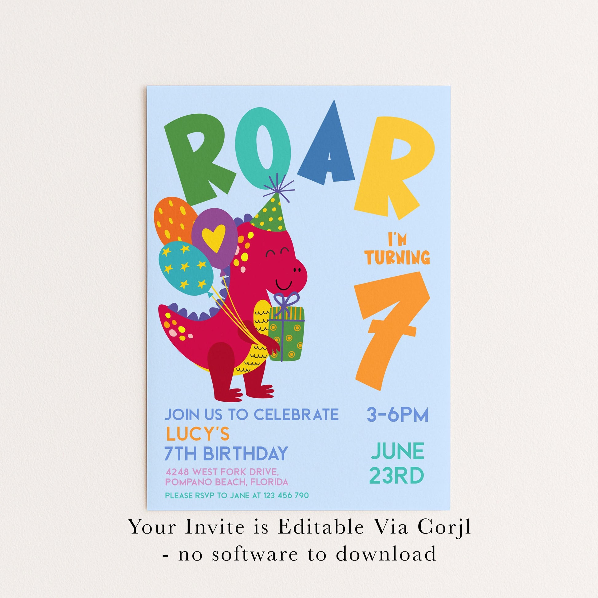 Dinosaur Birthday Invitation Girl or Boy Roar Editable Invite, Dino Party Printable Kids Birthday Corjl Template Change Age Digital Download