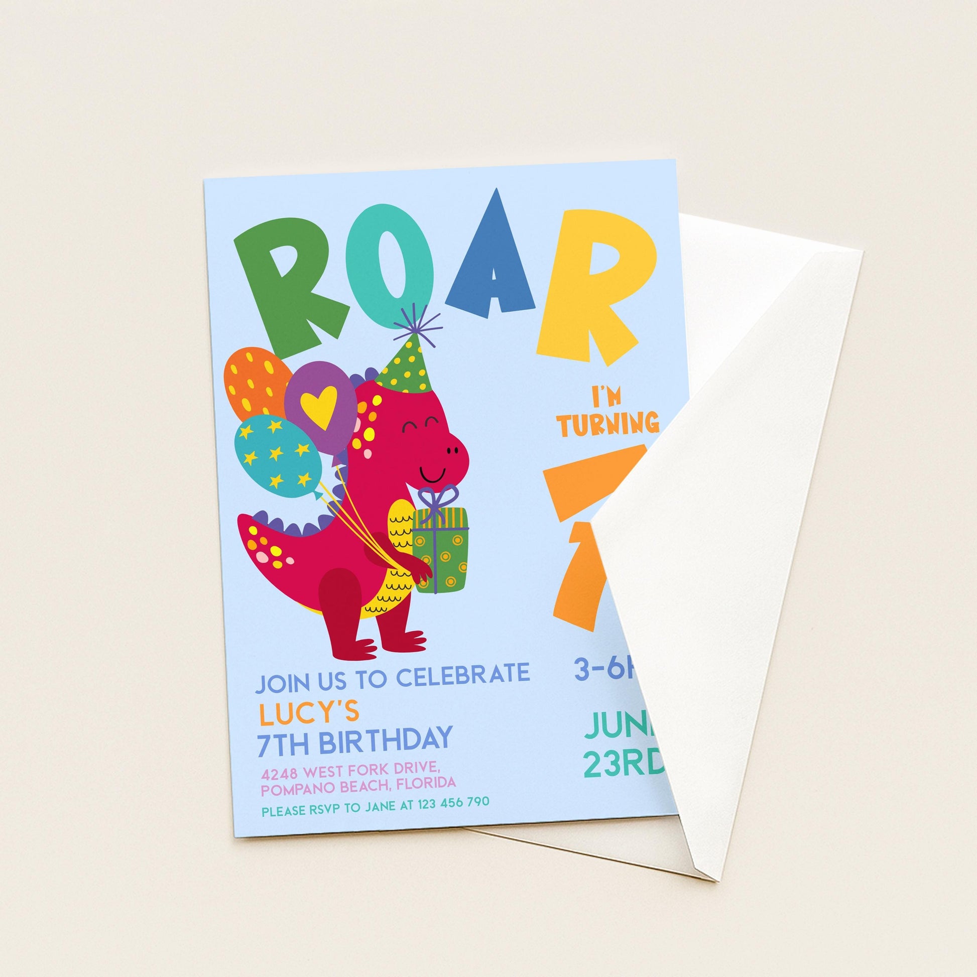 Dinosaur Birthday Invitation Girl or Boy Roar Editable Invite, Dino Party Printable Kids Birthday Corjl Template Change Age Digital Download