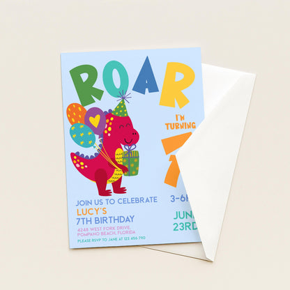 Dinosaur Birthday Invitation Girl or Boy Roar Editable Invite, Dino Party Printable Kids Birthday Corjl Template Change Age Digital Download