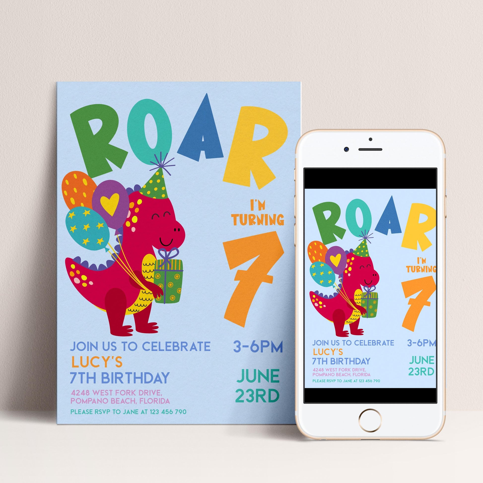 Dinosaur Birthday Invitation Girl or Boy Roar Editable Invite, Dino Party Printable Kids Birthday Corjl Template Change Age Digital Download
