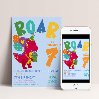 Dinosaur Birthday Invitation Girl or Boy Roar Editable Invite, Dino Party Printable Kids Birthday Corjl Template Change Age Digital Download