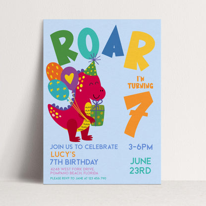 Dinosaur Birthday Invitation Girl or Boy Roar Editable Invite, Dino Party Printable Kids Birthday Corjl Template Change Age Digital Download