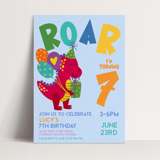 Dinosaur Birthday Invitation Girl or Boy Roar Editable Invite, Dino Party Printable Kids Birthday Corjl Template Change Age Digital Download
