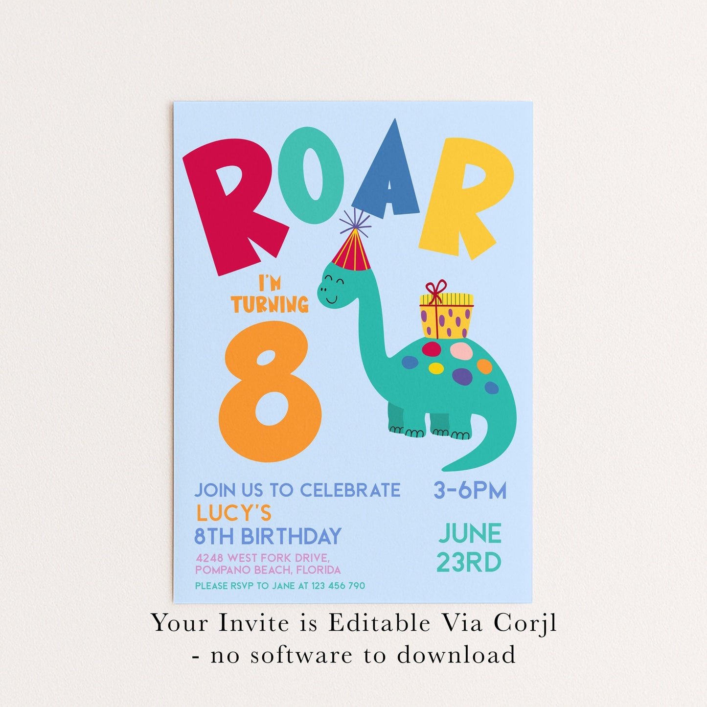 Dinosaur Birthday Invitation, Roar Editable Kids Party Invite, Dino Birthday Printable, Colourful Corjl Template Change Age Digital Download