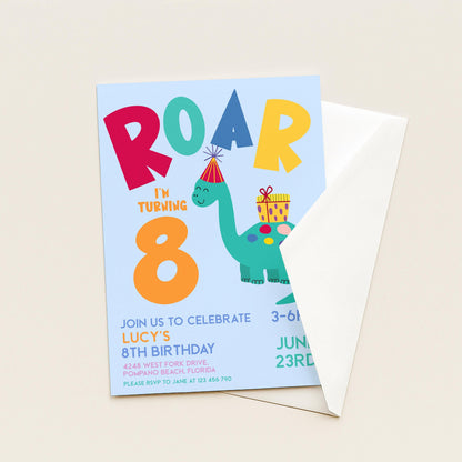 Dinosaur Birthday Invitation, Roar Editable Kids Party Invite, Dino Birthday Printable, Colourful Corjl Template Change Age Digital Download