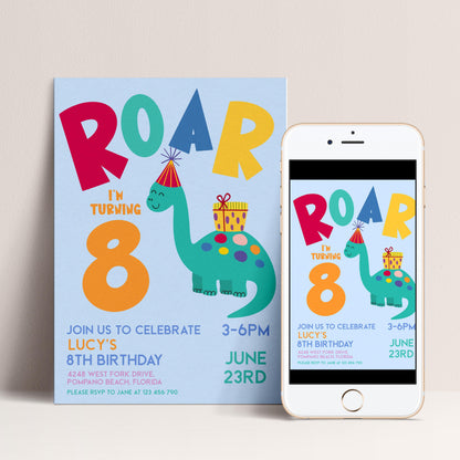 Dinosaur Birthday Invitation, Roar Editable Kids Party Invite, Dino Birthday Printable, Colourful Corjl Template Change Age Digital Download