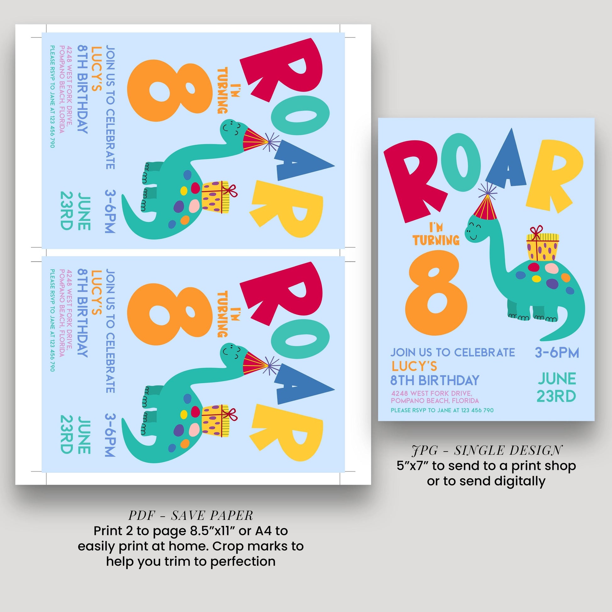 Dinosaur Birthday Invitation, Roar Editable Kids Party Invite, Dino Birthday Printable, Colourful Corjl Template Change Age Digital Download