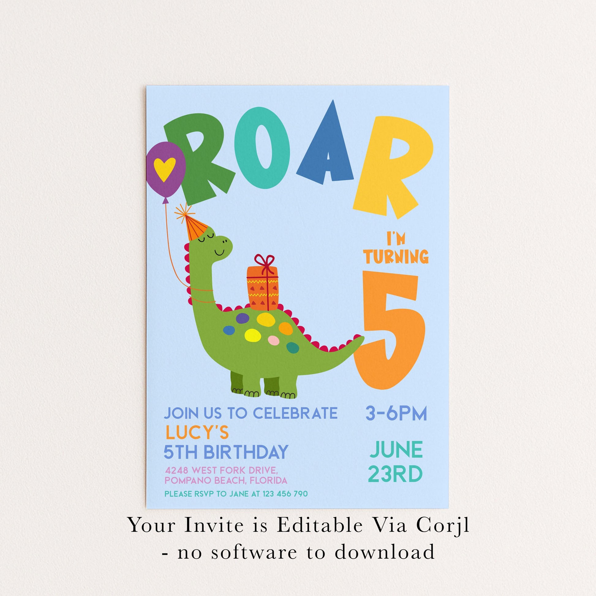 Dinosaur Birthday Invitation, Roar Theme, Editable (Printable 5th Party Invite)