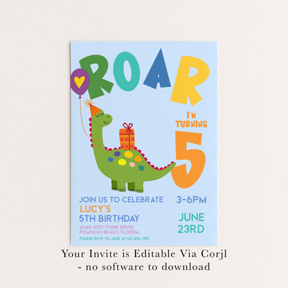 Dinosaur Birthday Invitation, Roar Theme, Editable (Printable 5th Party Invite)