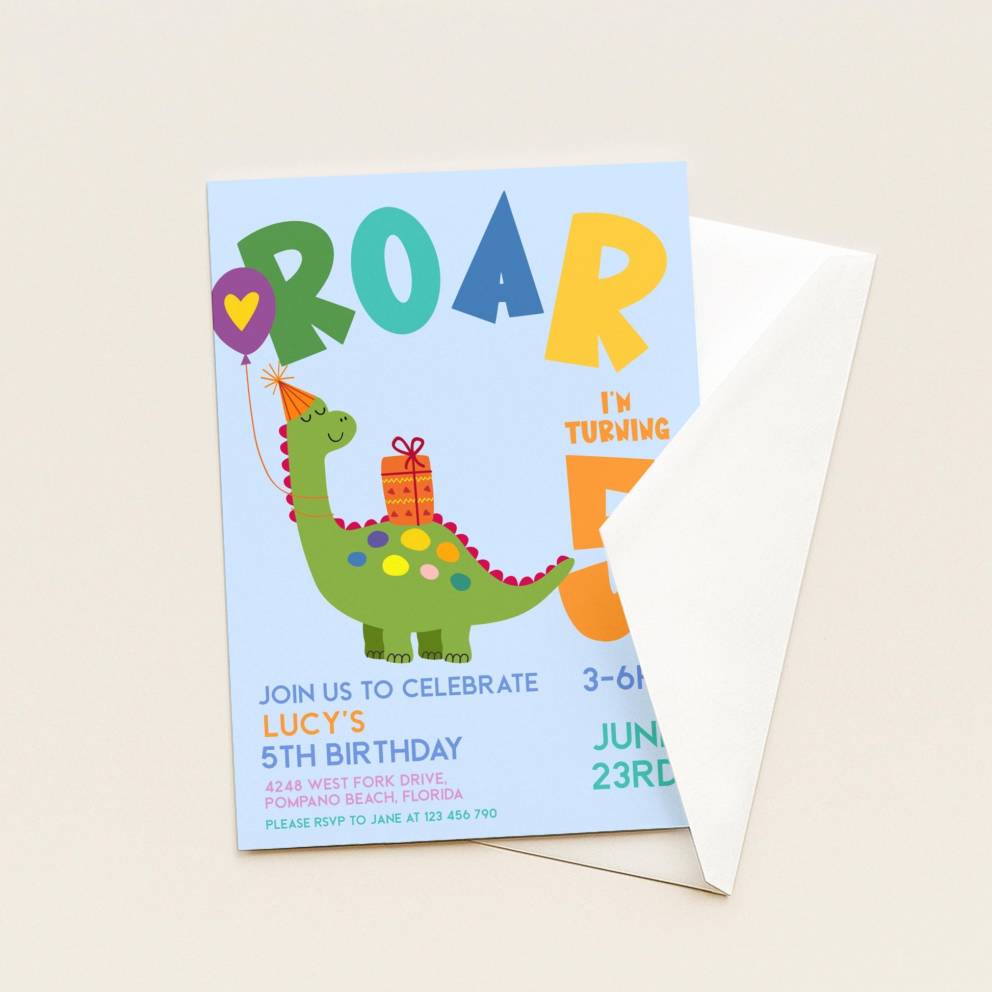 Dinosaur Birthday Invitation, Roar Theme, Editable (Printable 5th Party Invite)