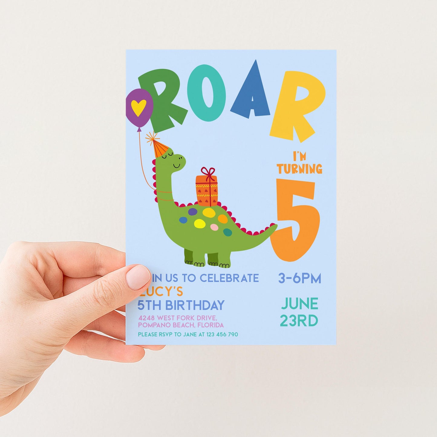 Dinosaur Birthday Invitation, Roar Theme, Editable (Printable 5th Party Invite)