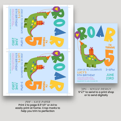 Dinosaur Birthday Invitation, Roar Theme, Editable (Printable 5th Party Invite)