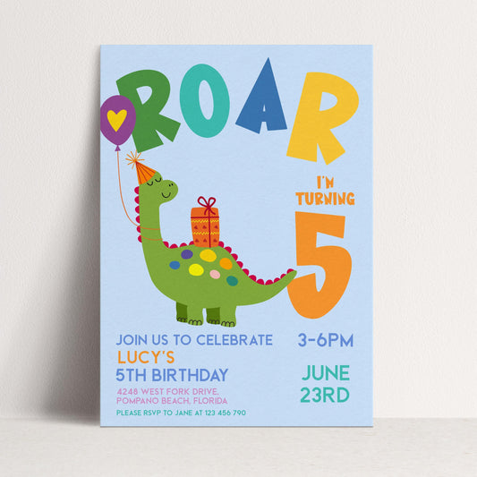 Dinosaur Birthday Invitation, Roar Theme, Editable (Printable 5th Party Invite)
