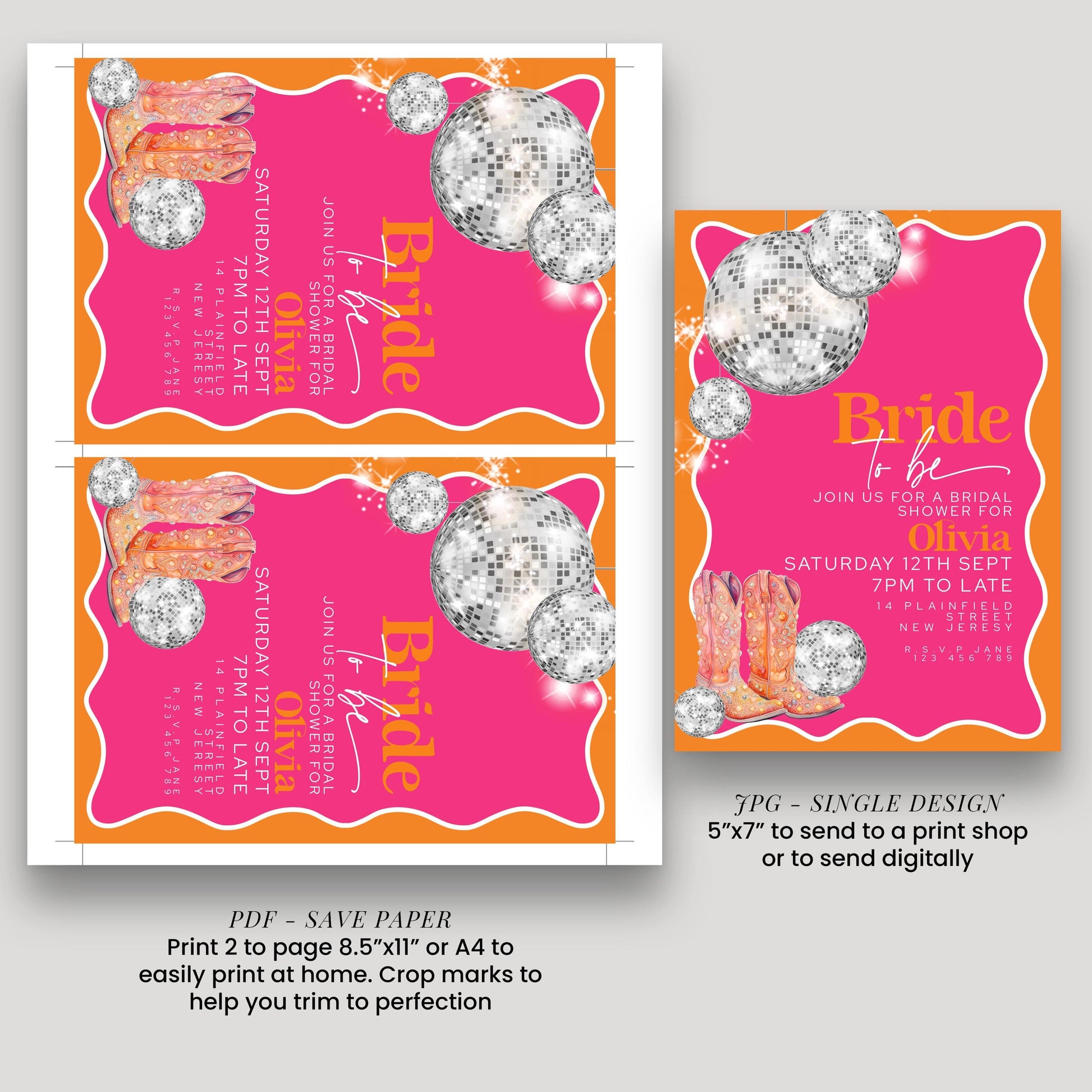 Disco Bridal Shower Invitation Editable Pink and Orange Wave Design with Silver Disco Balls and Cowboy Boots for Hen Do Printable Digital