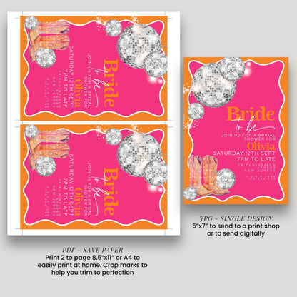 Disco Bridal Shower Invitation Editable Pink and Orange Wave Design with Silver Disco Balls and Cowboy Boots for Hen Do Printable Digital