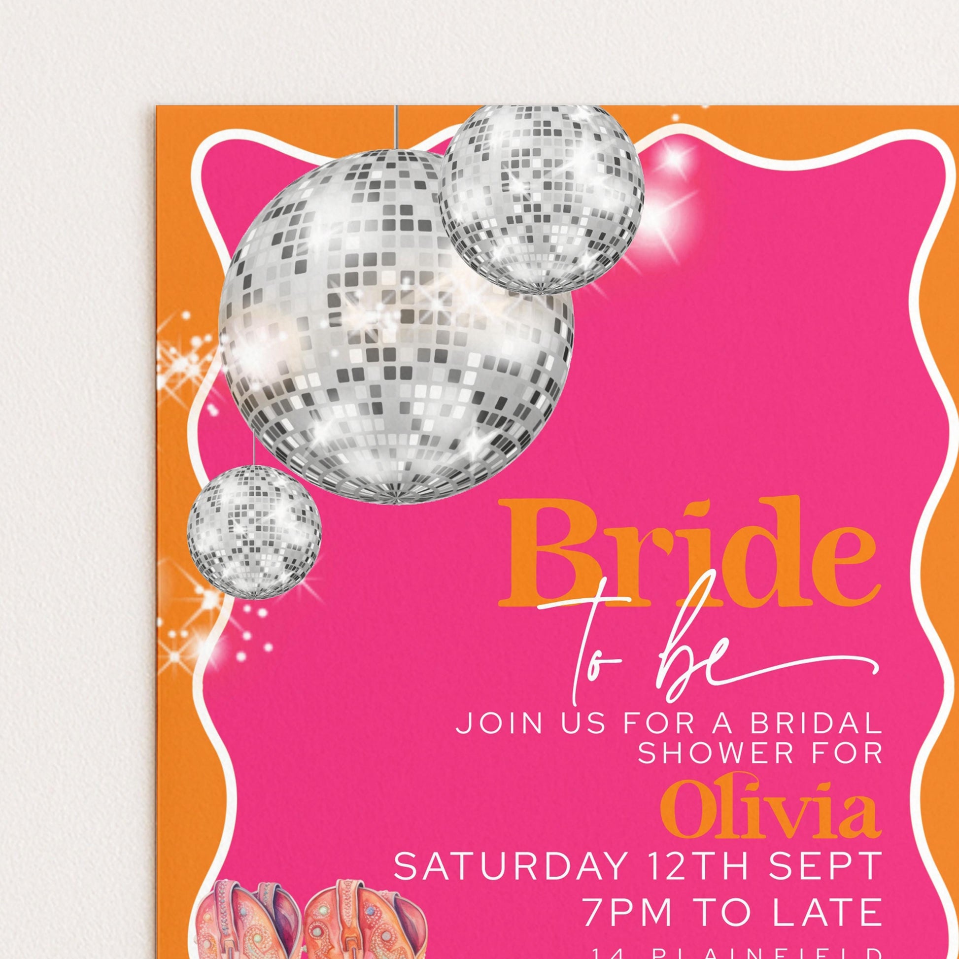 Disco Bridal Shower Invitation Editable Pink and Orange Wave Design with Silver Disco Balls and Cowboy Boots for Hen Do Printable Digital
